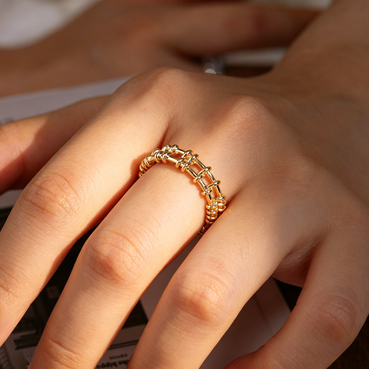 Women's Plated Chain-Link Interlinked Open Ring, Elegant Gift